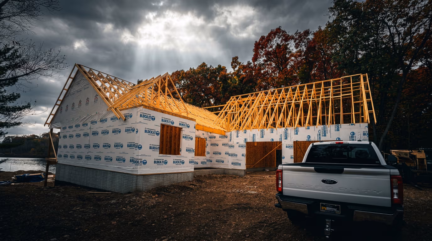 Modern home under construction at dusk
